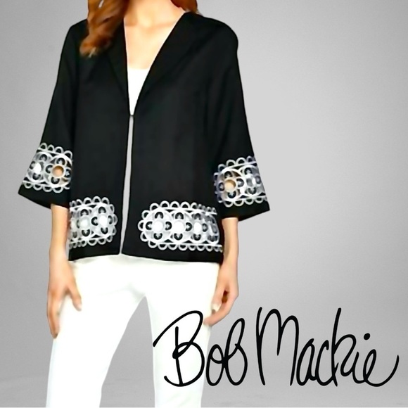 BOB MACKIE Floral Embroidered Cut-Out Linen Jacket - Picture 1 of 8